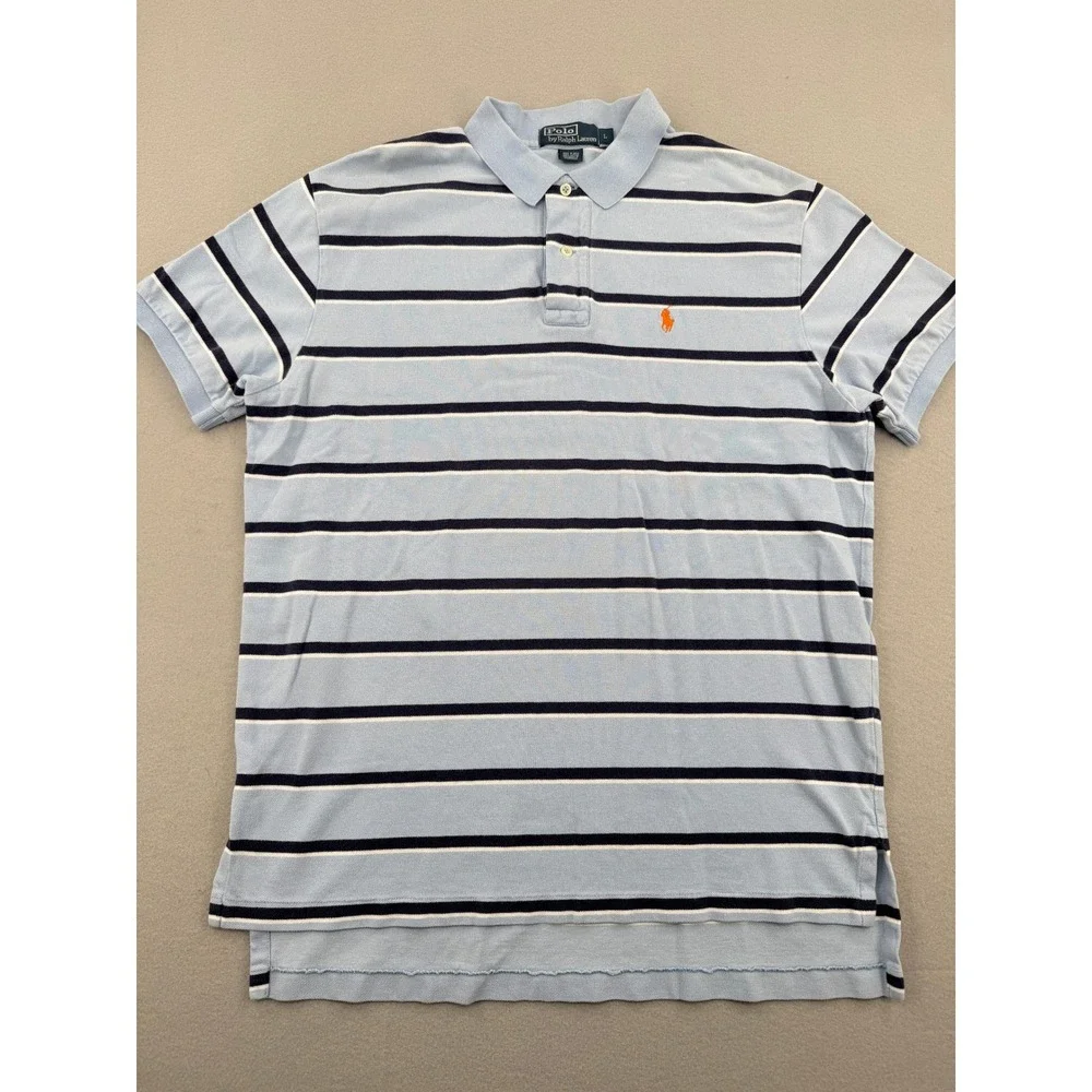 Polo Ralph Lauren Short Sleeve Pique Polo Shirt Mens‎ L Blue Striped Orange Pony
